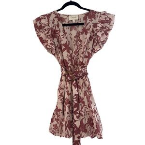 Cleobella Mini Pink Floral Belted Dress Flutter Sleeves Size Small